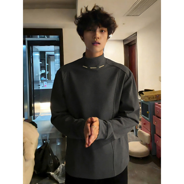 Men's Slim-Fit Long Sleeve Shirt with High Stand Collar and Decorative Metal Stripes Mune Fashion