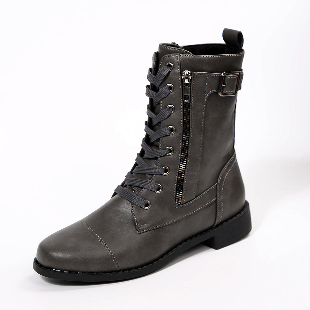 Women's robust lace-up biker ankle boots with side zipper and decorative strap Mune Fashion