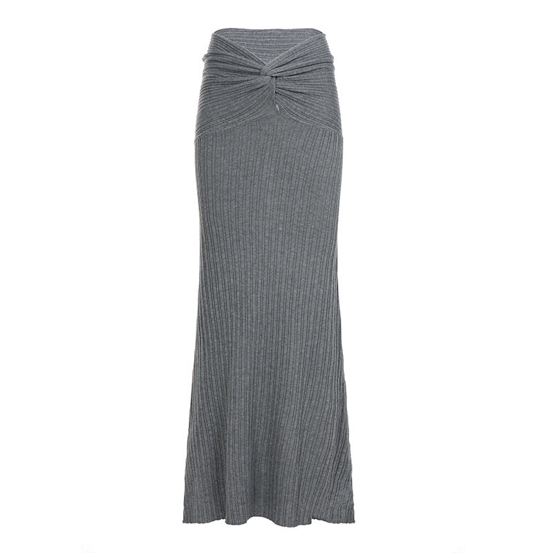 Women’s high-waisted ribbed maxi knitted skirt with twist waistband and flattering A-line Mune Fashion
