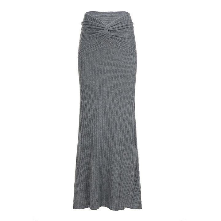 Women’s high-waisted ribbed maxi knitted skirt with twist waistband and flattering A-line Mune Fashion