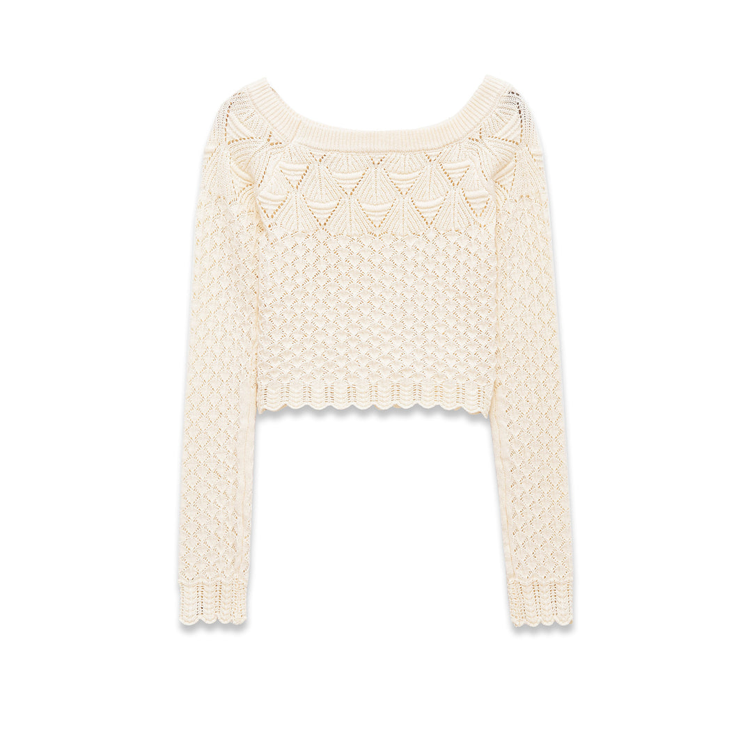 Women's crocheted short sweater with wide boat neckline, fine lace knit pattern and elastic cuff Mune Fashion
