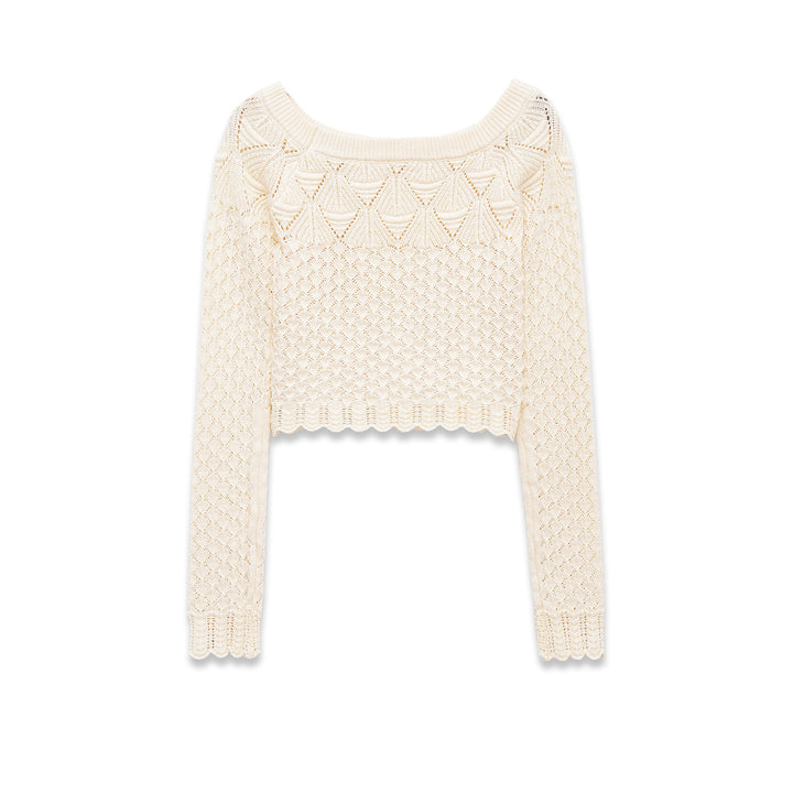 Women's crocheted short sweater with wide boat neckline, fine lace knit pattern and elastic cuff Mune Fashion