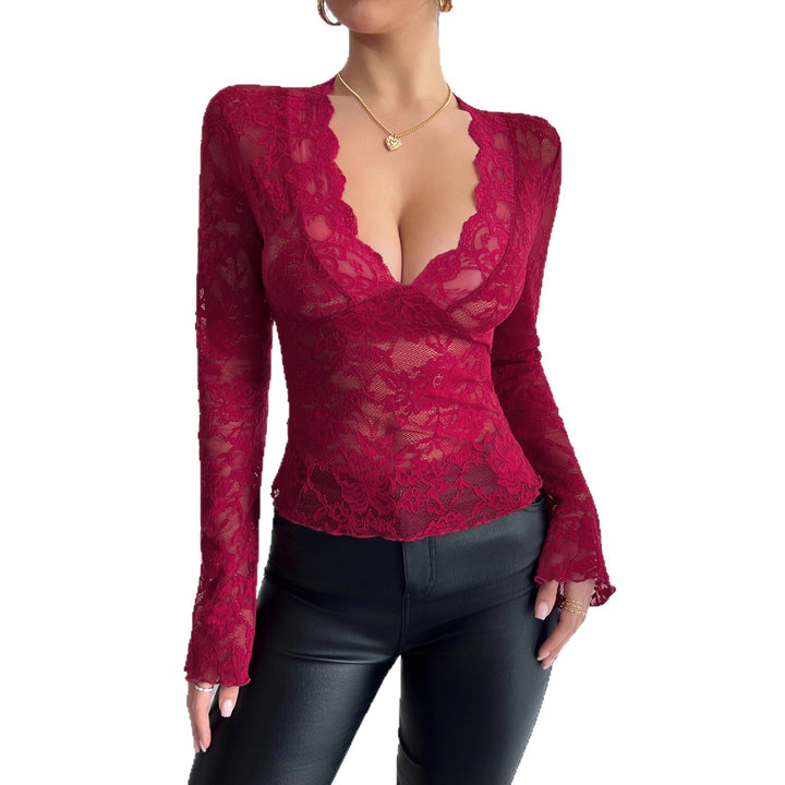 Women's fitted lace long-sleeve top with curved V-neckline, floral transparency, and flared cuffs Mune Fashion