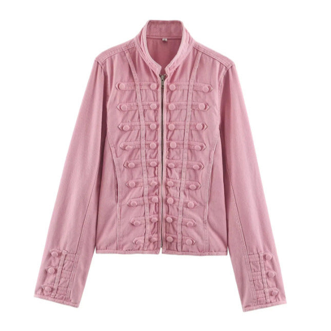 Women Tailored Short Jacket in Historical Uniform Style with Stand-Up Collar Mune Fashion