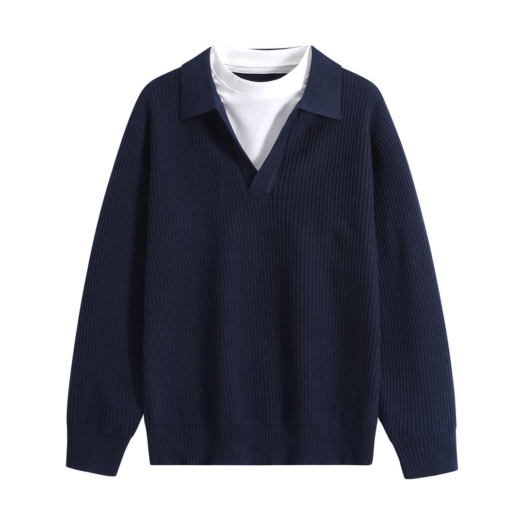 Women's chunky knit pullover with polo collar and V-neck Mune Fashion