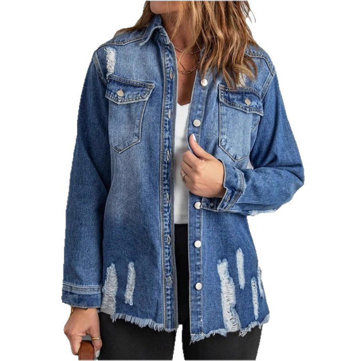 Women Casual Oversized Denim Jacket with Destroyed Details, Shirt Collar and Fringed Hem Mune Fashion