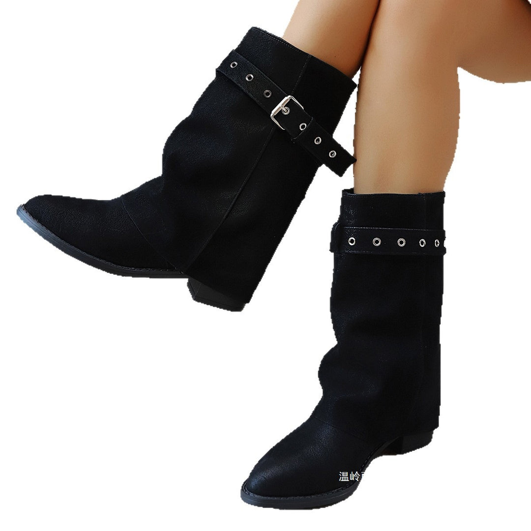 Women Mid-Calf Boots with Buckle Strap and Low Block Heel Mune Fashion