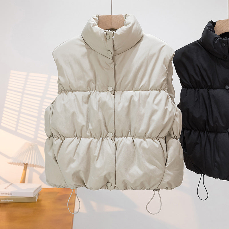 Women's Short Padded Vest with High Stand-Up Collar and Drawstring Mune Fashion