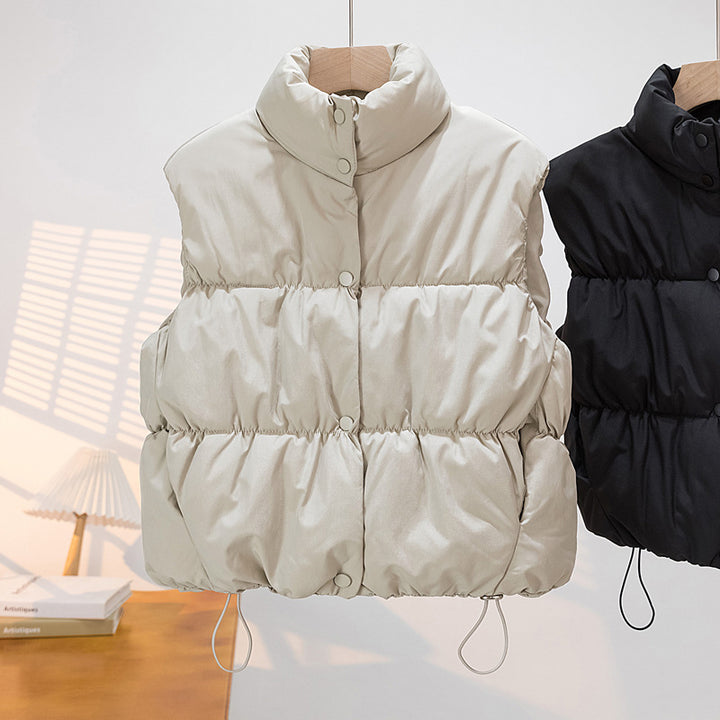 Women's Short Padded Vest with High Stand-Up Collar and Drawstring Mune Fashion