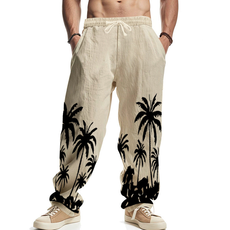 Men's wide leisure pants made of cotton-linen blend with palm print, elastic waistband and drawstring Mune Fashion