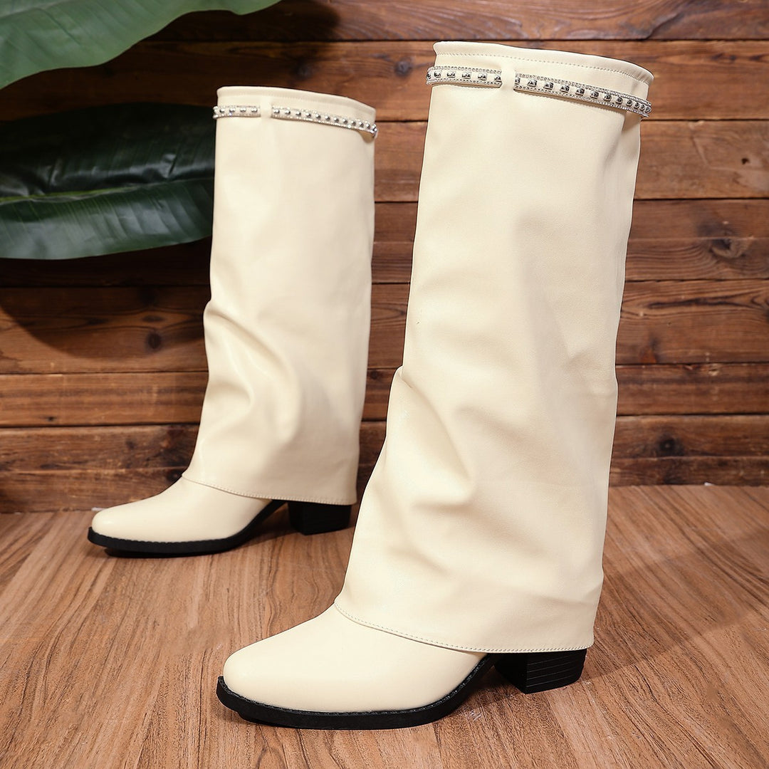 Women Knee-High Slouch Boots with Low Block Heel and Rhinestone Trim Mune Fashion