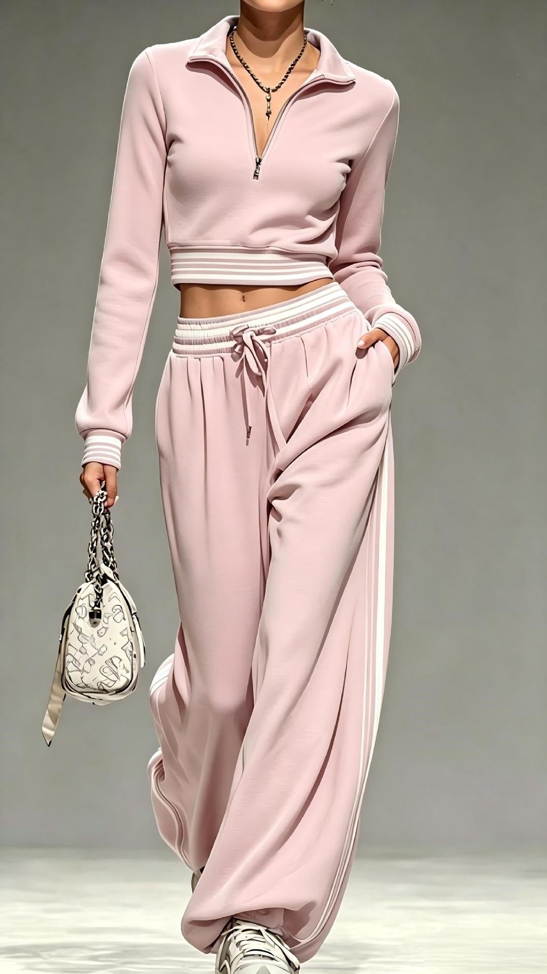 Women Cropped Training Set with Half Zipper Collar and Wide Pleated Jogger Mune Fashion