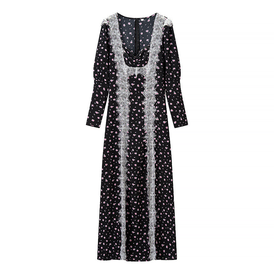 Ladies max dress with lace insert, long sleeves and floral all-over print Mune Fashion
