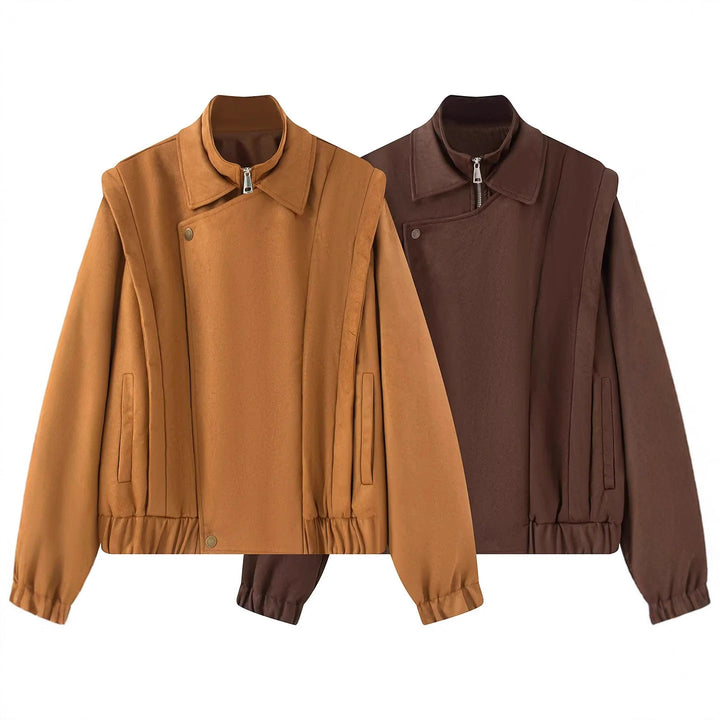 Women's short wool bomber jacket with asymmetrical zipper, stand-up collar, and elastic hem Mune Fashion