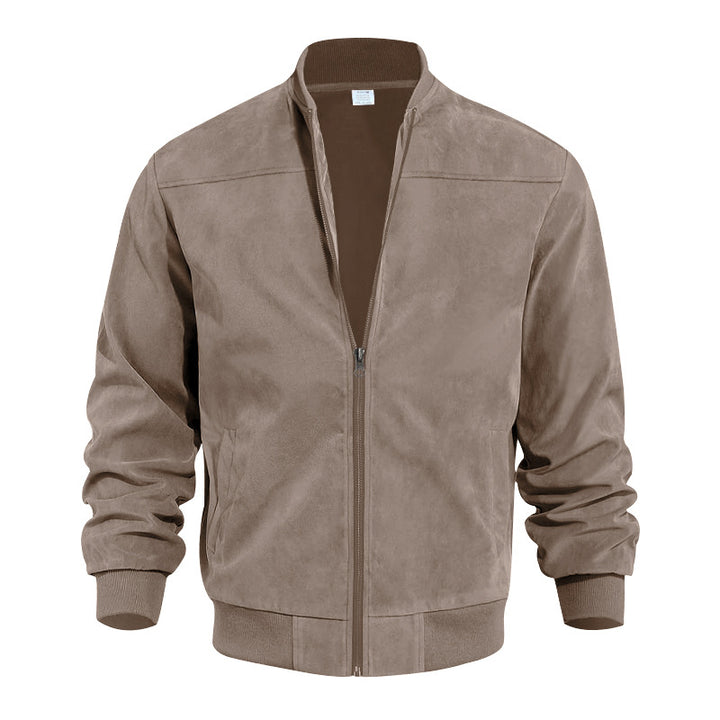 Men's faux suede bomber jacket with stand-up collar, ribbed cuffs, and side pockets Mune Fashion