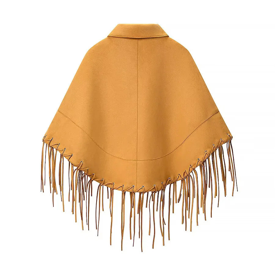 Women's Velvet Look Cape with Shirt Collar, Decorative Stitch and Long Fringe Mune Fashion