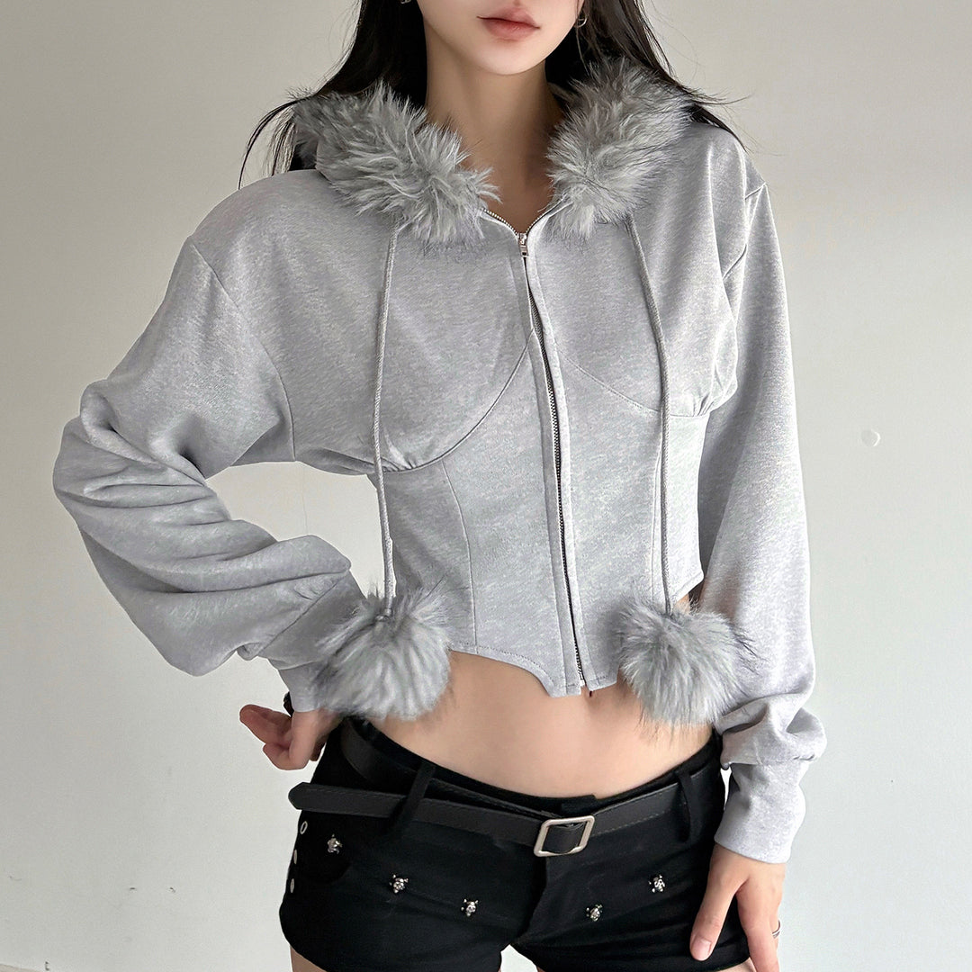 Women's cropped hoodie sweatshirt with faux fur trim, zipper, and pom-pom cords Mune Fashion