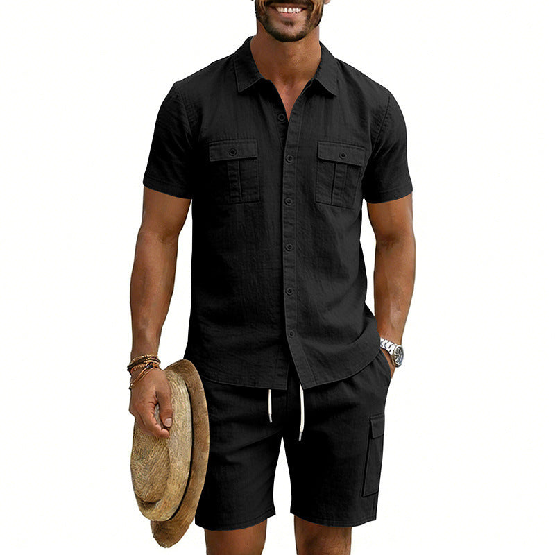 Men's summer leisure set made of cotton-linen blend with short-sleeve shirt and cargo shorts Mune Fashion