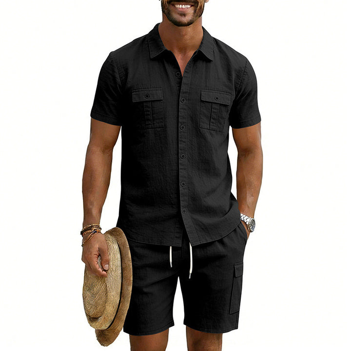 Men's summer leisure set made of cotton-linen blend with short-sleeve shirt and cargo shorts Mune Fashion