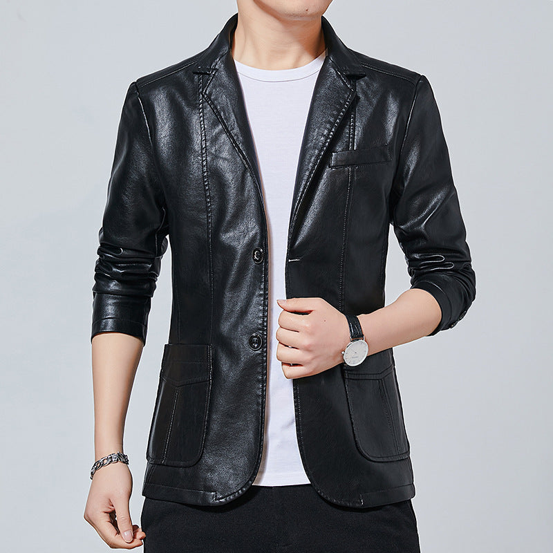 Men's Faux Leather Blouson Style Jacket with Shirt Collar and Patch Pockets Mune Fashion