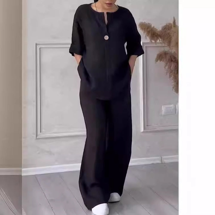 Women's casual linen relax set with wide pants and shirt blouse Mune Fashion