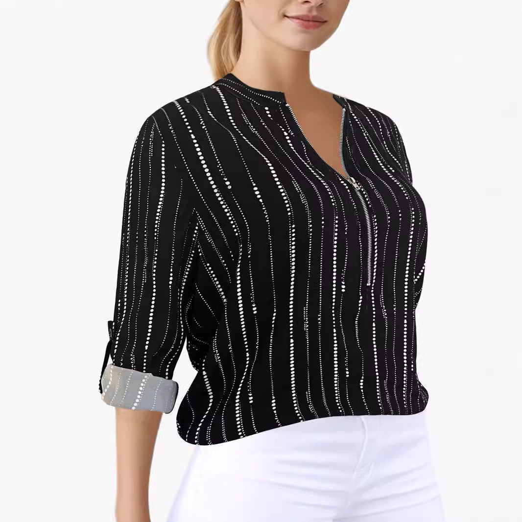 Women's Lightweight Viscose Blouse with Stand-up Collar, Zipper and Vertical Polka Dot Stripes Mune Fashion