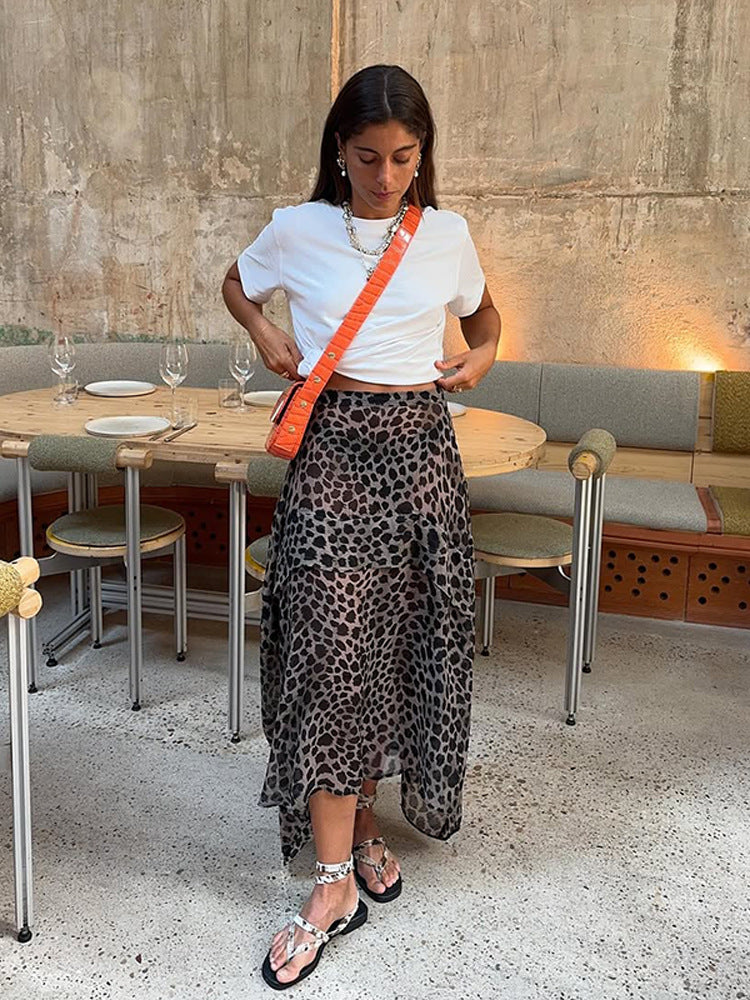 Women's Light Chiffon Midi Skirt with Asymmetrical Hem & Leo Print Mune Fashion