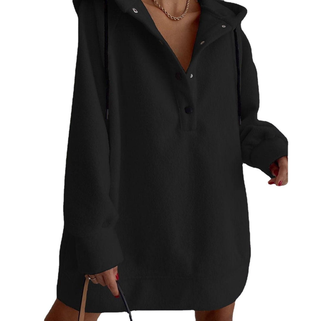 Women's cozy hooded fleece tunic sweatshirt with snap button placket and dropped shoulder Mune Fashion