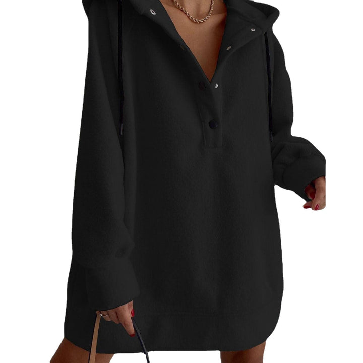 Women's cozy hooded fleece tunic sweatshirt with snap button placket and dropped shoulder Mune Fashion