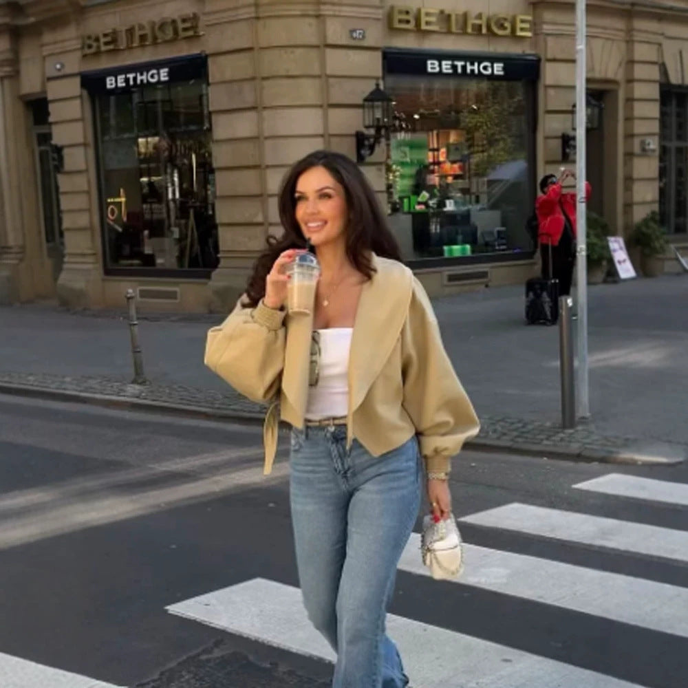 Women’s Short Blouson with Boxy Cropped Silhouette, Balloon Sleeves and Buckle Detail Mune Fashion