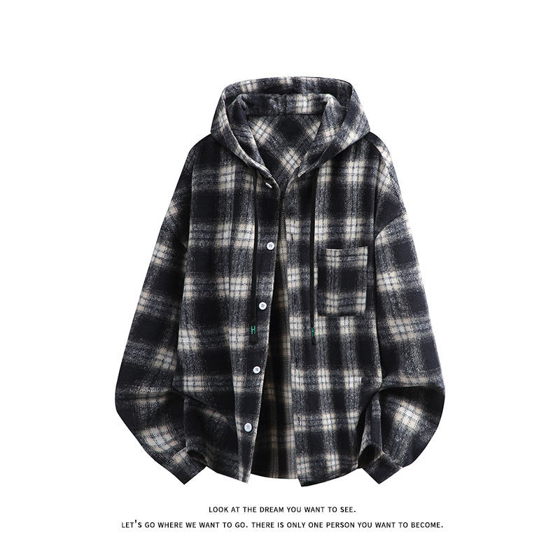 Unisex oversized flannel hooded shirt jacket with check pattern and chest pocket Mune Fashion