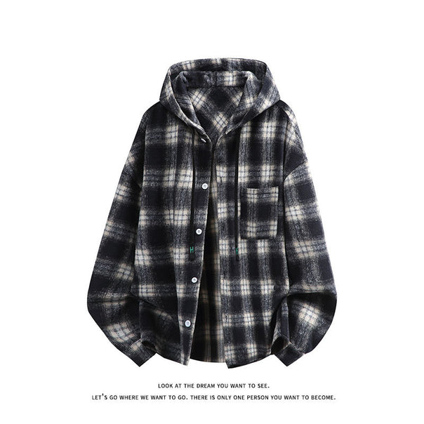 Unisex oversized flannel hooded shirt jacket with check pattern and chest pocket Mune Fashion