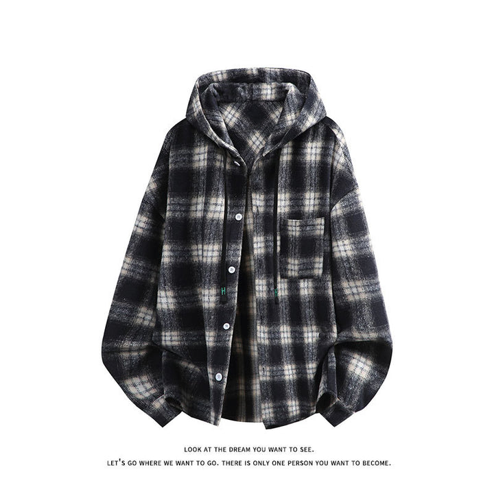 Unisex oversized flannel hooded shirt jacket with check pattern and chest pocket Mune Fashion