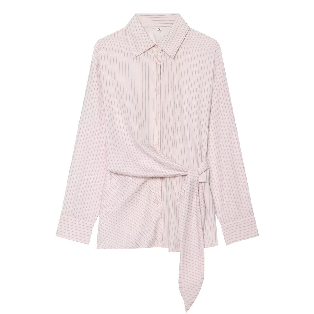 Ladies Tailored Shirt Dress with Ties and Fine Pinstripe Drune