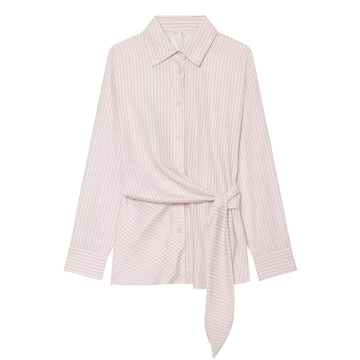 Ladies Tailored Shirt Dress with Ties and Fine Pinstripe Drune