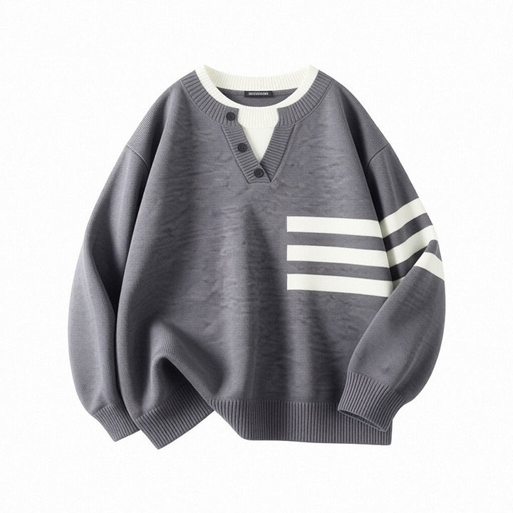Women's Sporty Oversized Sweater with Button Placket and Stripes Mune Fashion