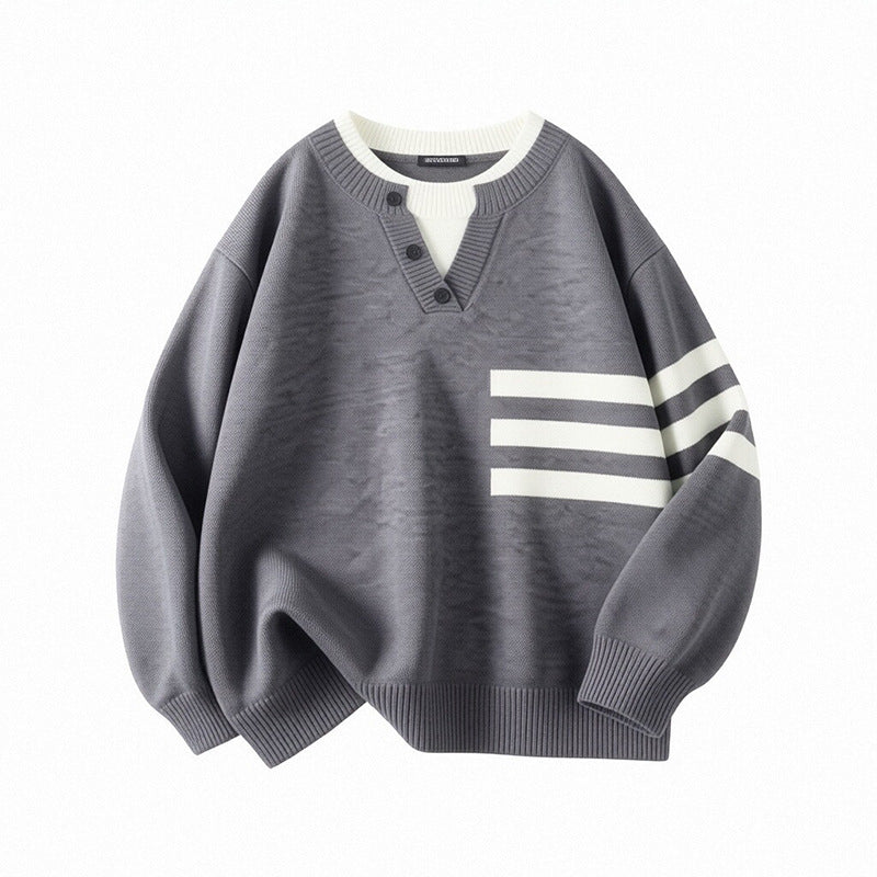 Women's Sporty Oversized Sweater with Button Placket and Stripes Mune Fashion