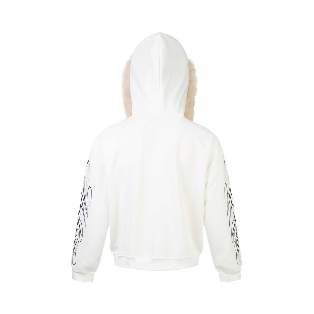 Unisex Oversize Hoodie Jacket made of cotton blend with removable faux fur trim and graphic sleeve prints Mune Fashion
