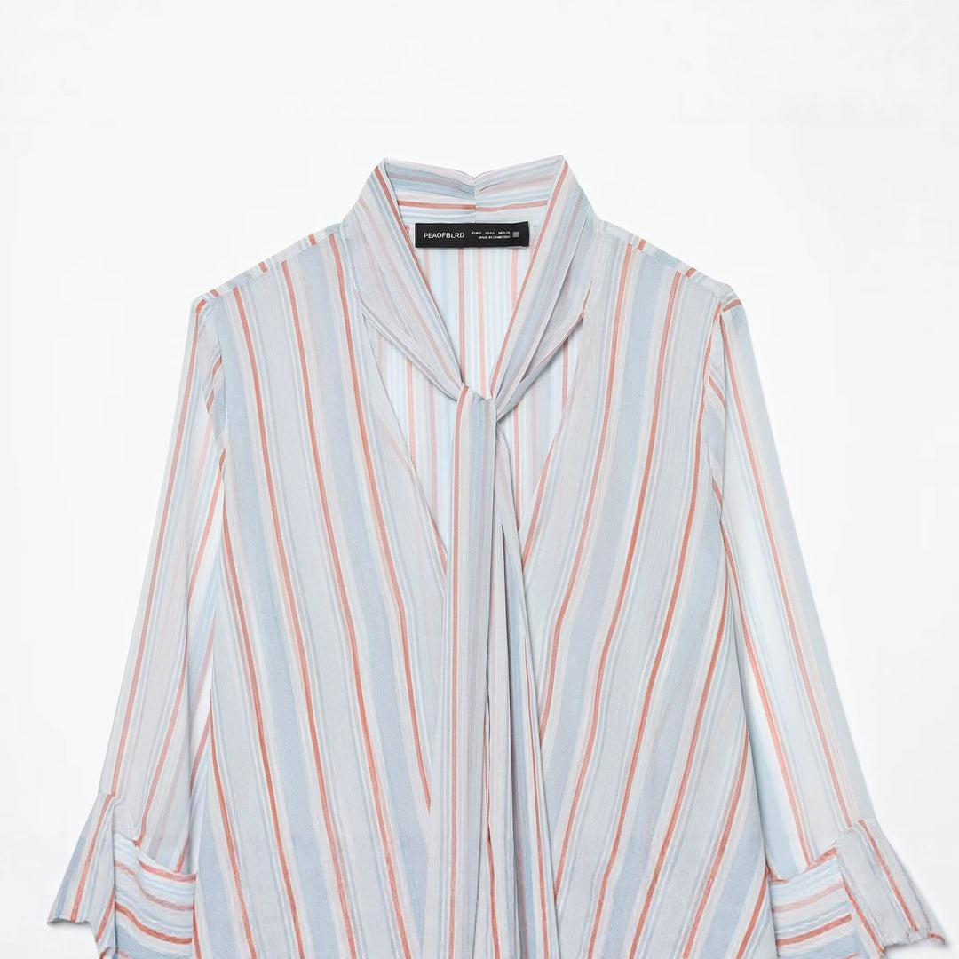 Women's Lightweight Chiffon Blouse with Bow, Ruffle Hem and Flared Bell Sleeves Mune Fashion