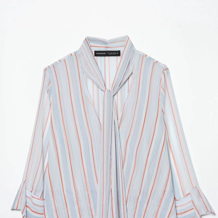 Women's Lightweight Chiffon Blouse with Bow, Ruffle Hem and Flared Bell Sleeves Mune Fashion