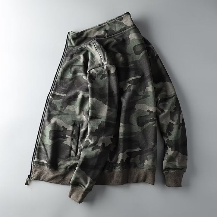 Men's Camouflage Cotton Fleece Zip Jacket with Stand Collar and Ribbed Cuffs Mune Fashion