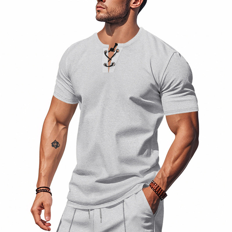 Men's short-sleeve shirt with lacing at the neckline and waffle texture Mune Fashion