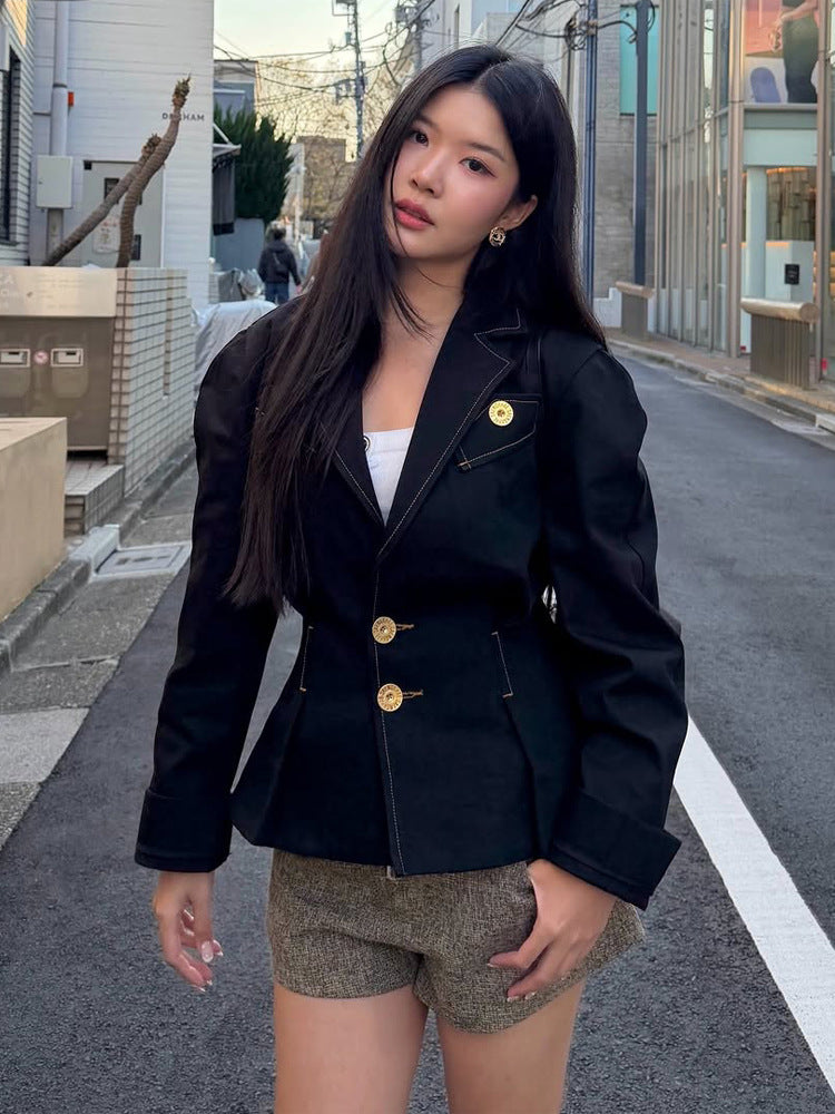 Women's Tailored Blazer with Decorative Stitching and Golden Decorative Buttons Mune Fashion