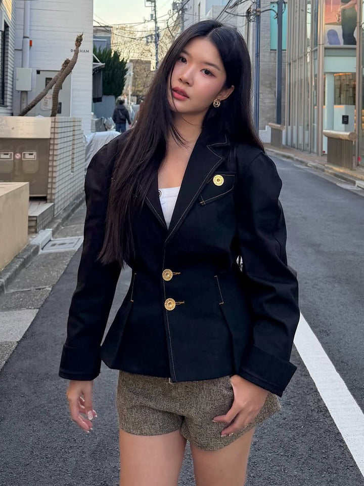 Women's Tailored Blazer with Decorative Stitching and Golden Decorative Buttons Mune Fashion