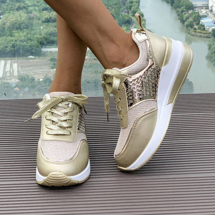 Women stylish wedge sneakers with metallic look large decorative stones and padded comfort footbed Mune Fashion