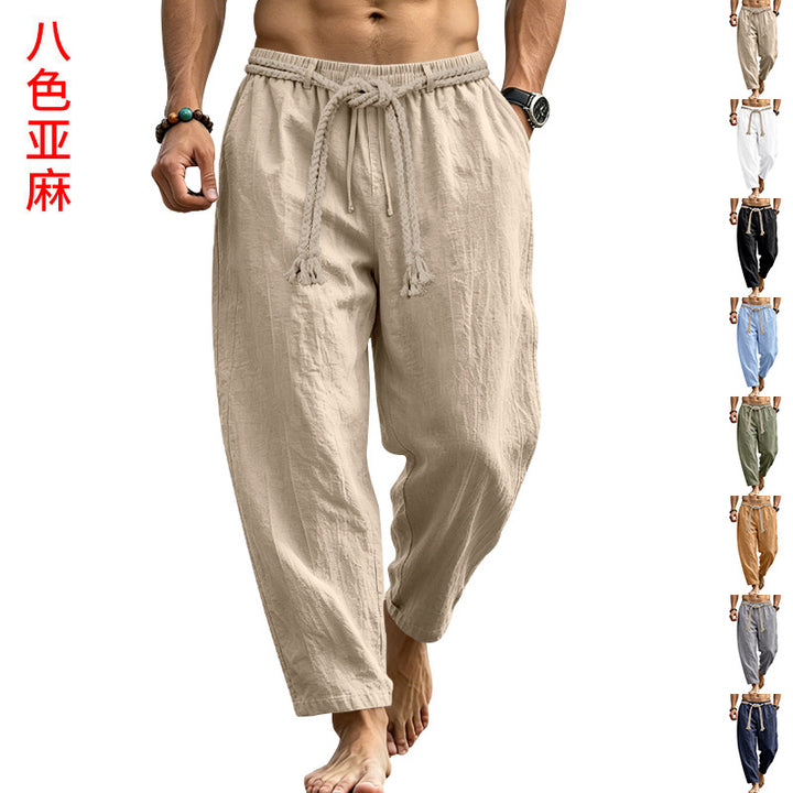 Men's Casual Linen Lounge Pants with Elastic Waistband, Decorative Rope Belt and Side Pockets Mune Fashion