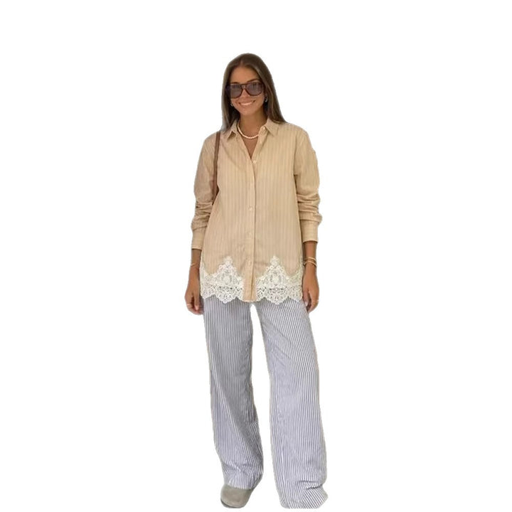 Women's shirt blouse with waist band, fine stripes & lace trim Mune Fashion