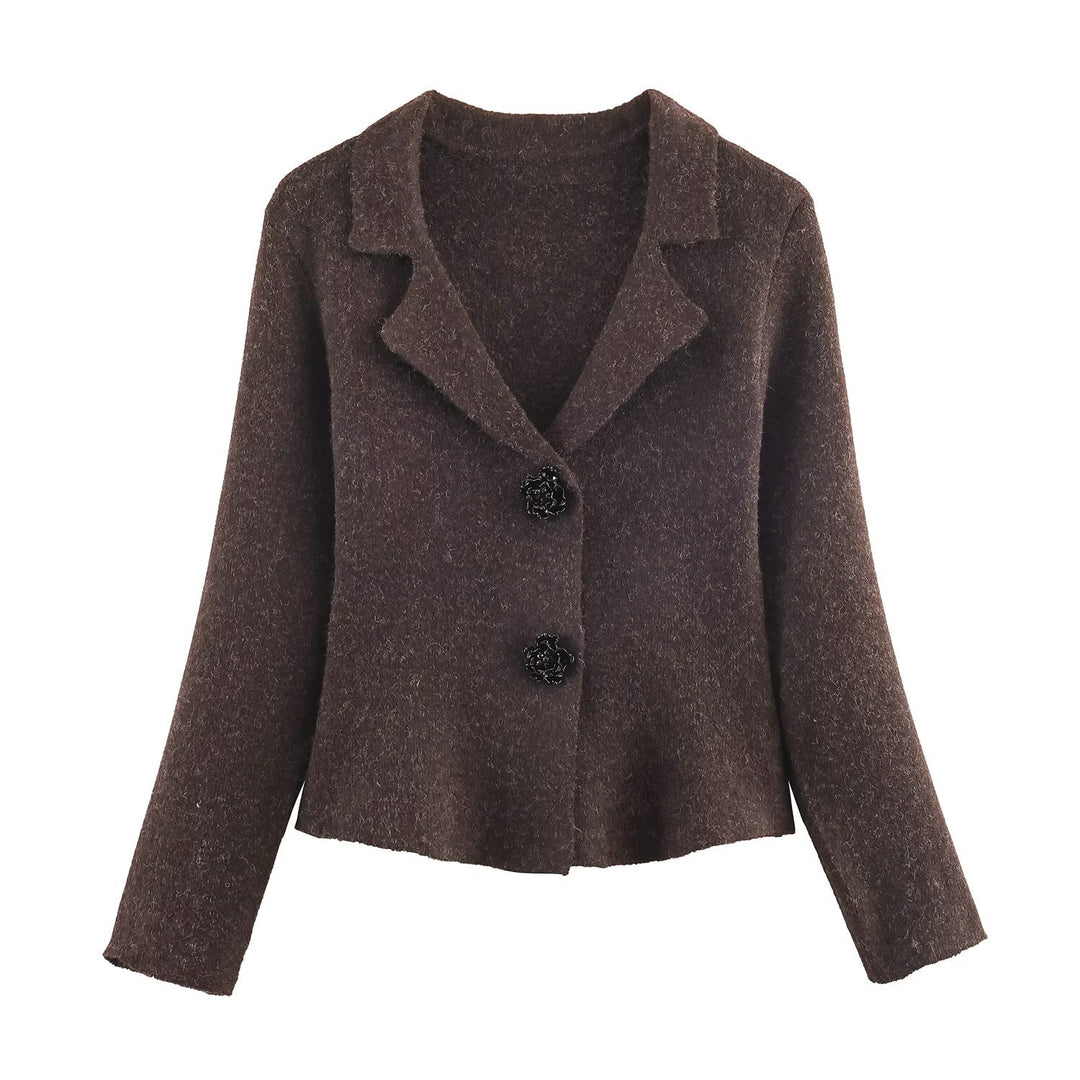 Women's short tailored wool look jacket with lapel collar and decorative floral buttons Mune Fashion