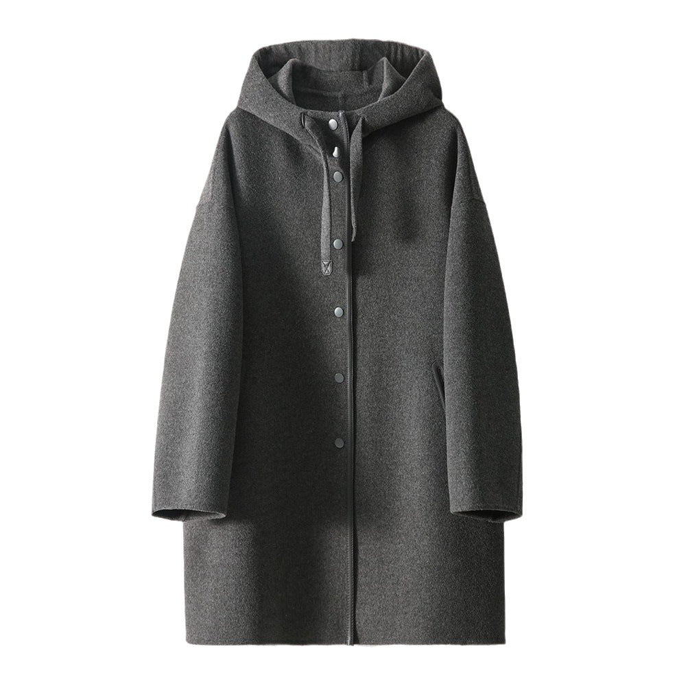 Women's mid-length wool blend coat with hood and snap button placket in oversized fit Mune Fashion