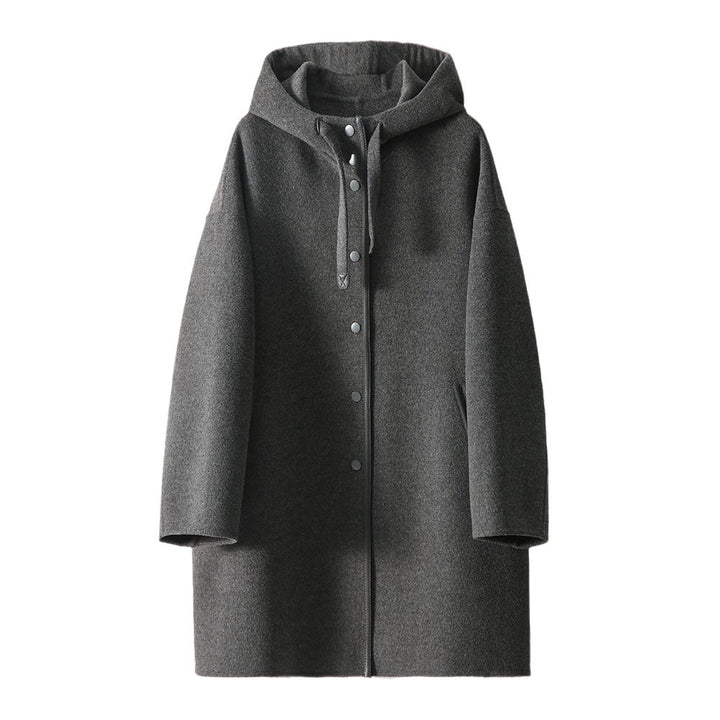 Women's mid-length wool blend coat with hood and snap button placket in oversized fit Mune Fashion